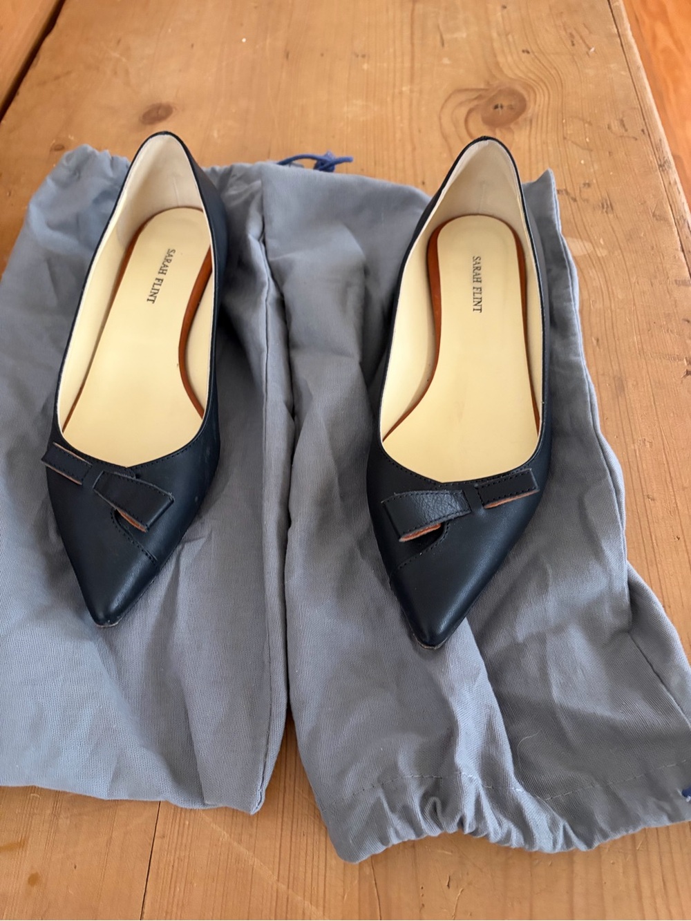Sarah Flint Navy Pointed-Toe Leather Flats with Bow Accent